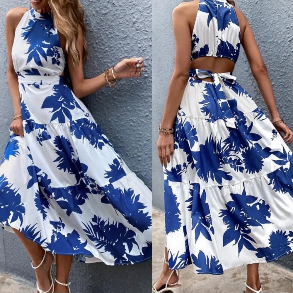 Boho floral plants cutout back ruffle hem dress
